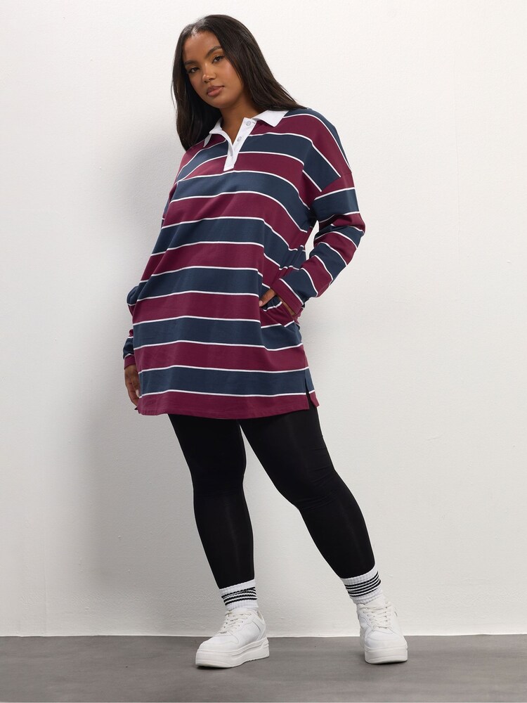 Yours Curve Red Rugby Collar Stripe Tunic Jumper - Image 2 of 5