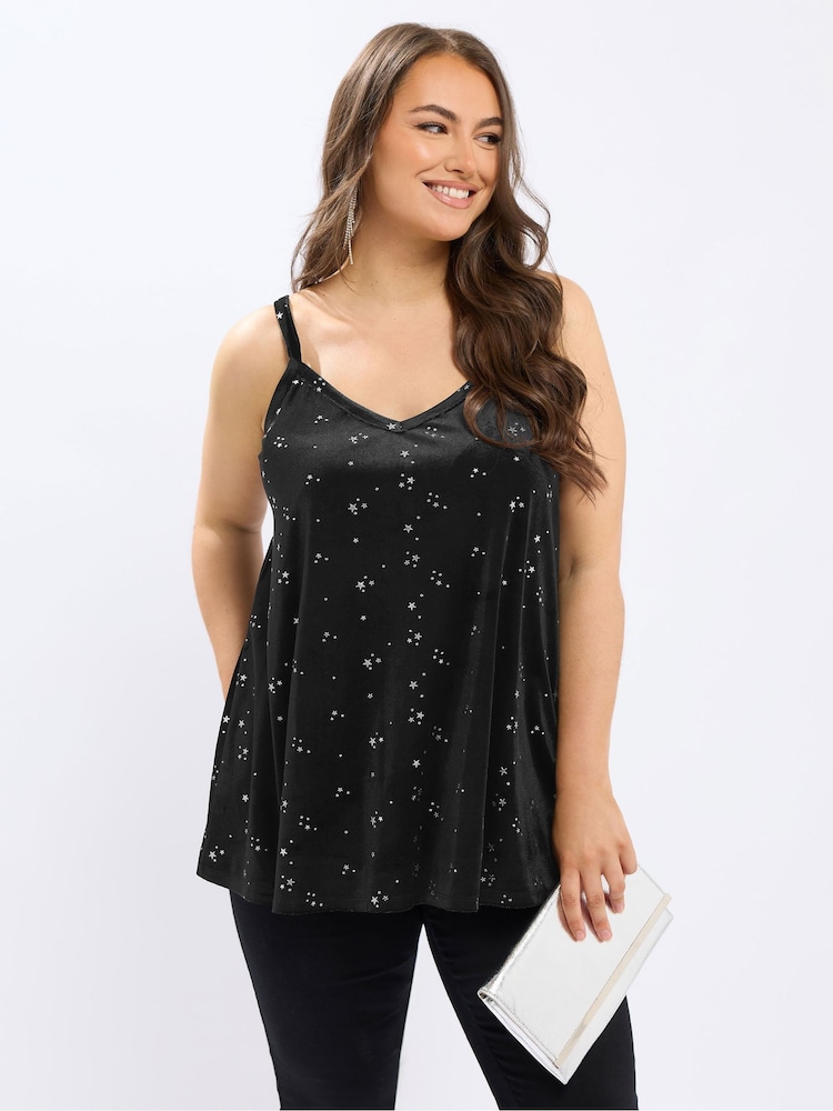 Yours Curve Black Velour Star Cami - Image 1 of 5 Yours Curve Black Velour Star Cami - Image 1 of 5