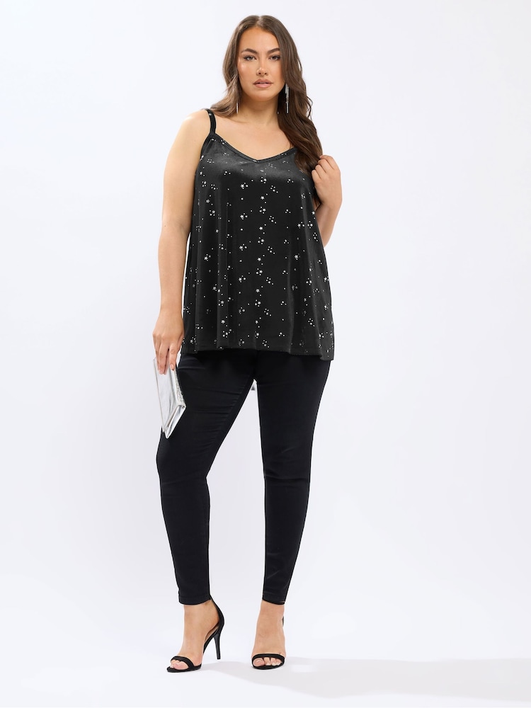 Yours Curve Black Velour Star Cami - Image 2 of 5 Yours Curve Black Velour Star Cami - Image 2 of 5