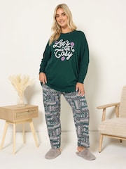 Yours Curve Green Let's Get Cosy Long Sleeve Cuffed Pyjamas Set - Image 1 of 4