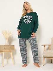 Yours Curve Green Let's Get Cosy Long Sleeve Cuffed Pyjamas Set - Image 2 of 4