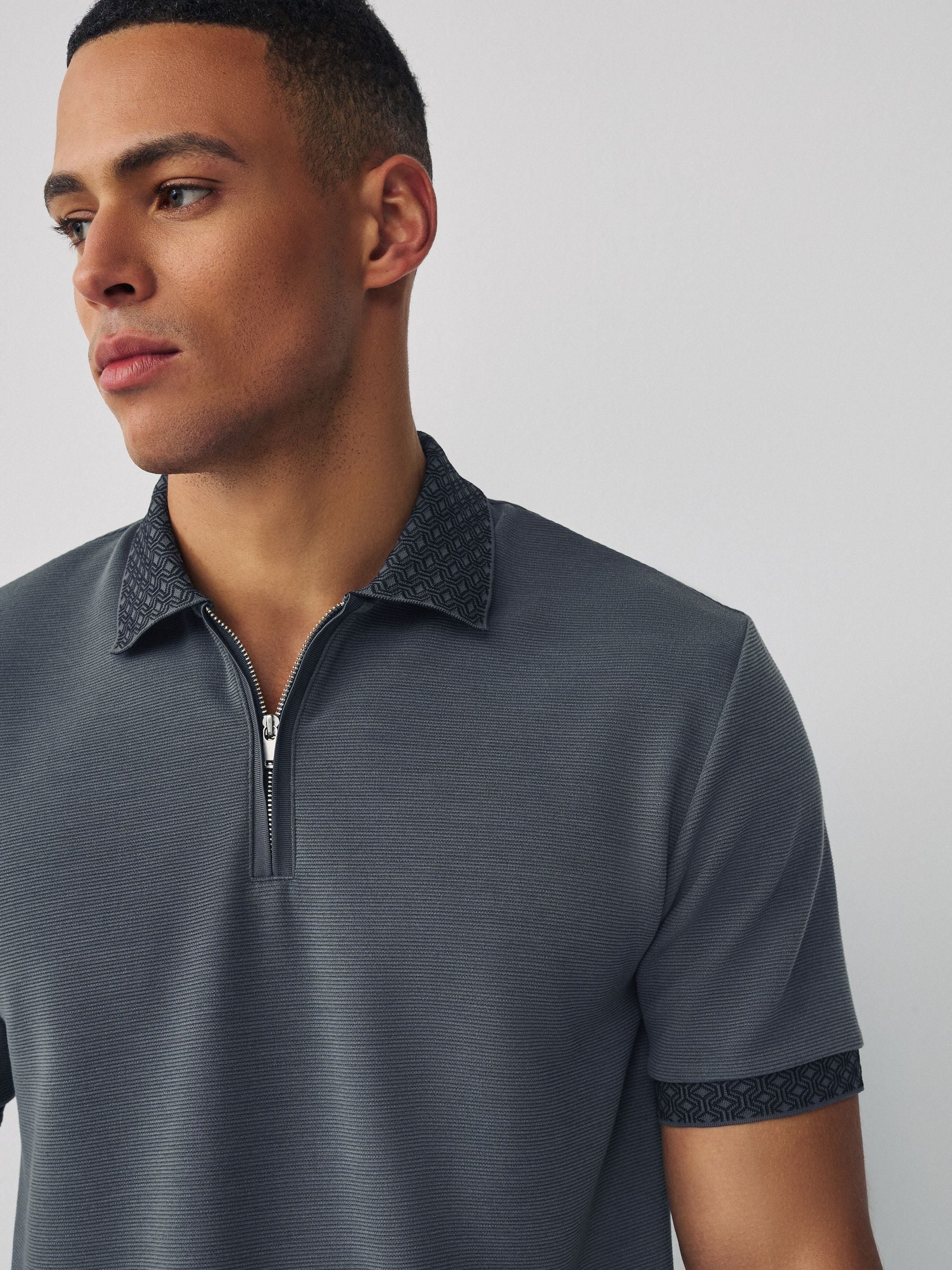 Buy Slate Grey Zip Neck Short Sleeve Smart Collar Polo Shirt from