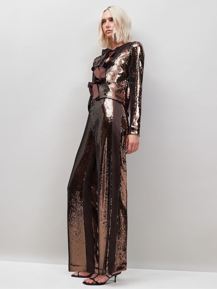 Ro&Zo Brown Petite Sequin Satin Contrast Trousers - Image 1 of 4