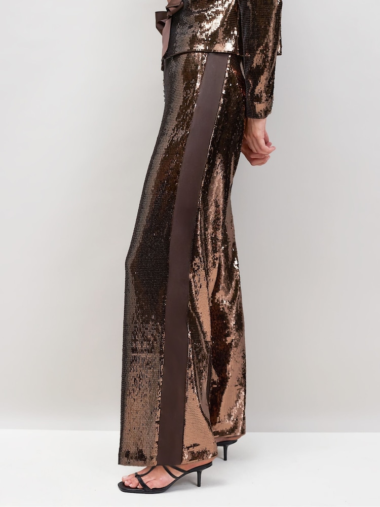 Ro&Zo Brown Petite Sequin Satin Contrast Trousers - Image 2 of 4