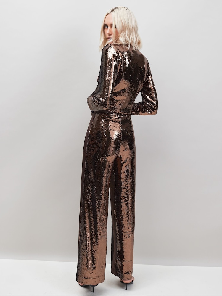 Ro&Zo Brown Petite Sequin Satin Contrast Trousers - Image 4 of 4