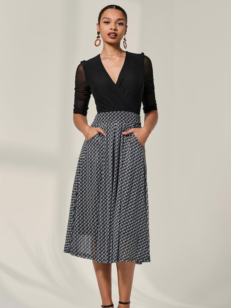 Jolie Moi Black Mesh Two Tone Half Sleeve Midi Dress - Image 1 of 6 Jolie Moi Black Mesh Two Tone Half Sleeve Midi Dress - Image 1 of 6