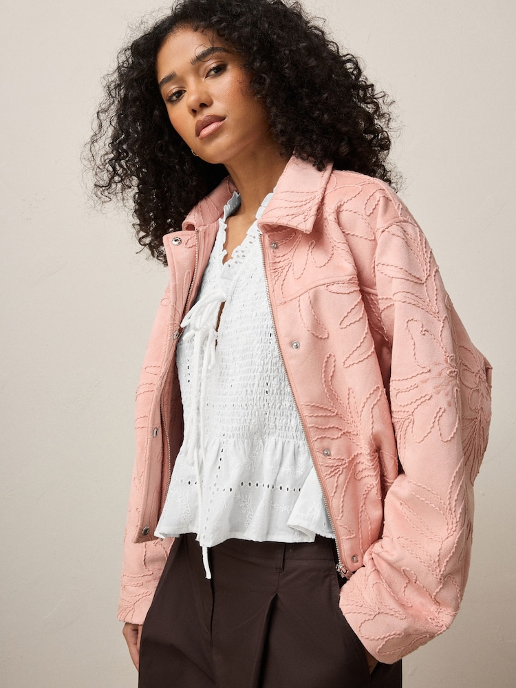 Pink Faux Suede Embroidered Bomber Jacket - Image 1 of 5