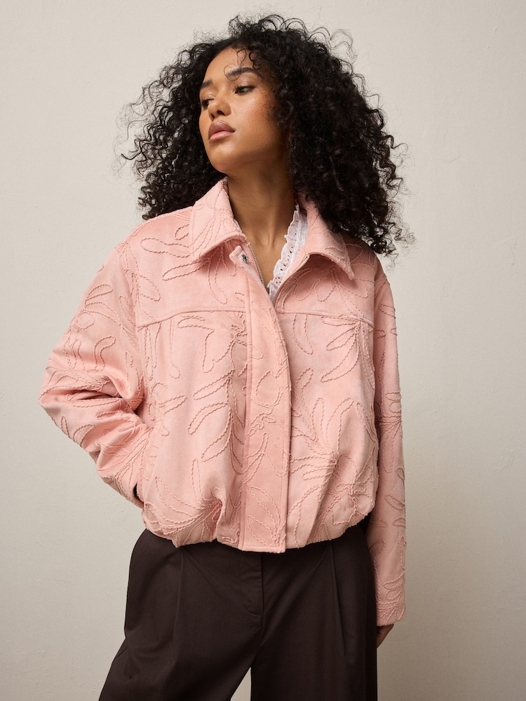 Pink Faux Suede Embroidered Bomber Jacket - Image 2 of 5