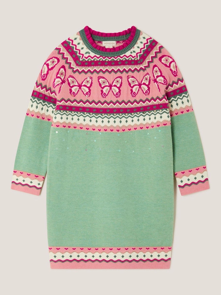 Monsoon Green Butterfly Fair Isle Jumper Dress - Image 1 of 2 Monsoon Green Butterfly Fair Isle Jumper Dress - Image 1 of 2