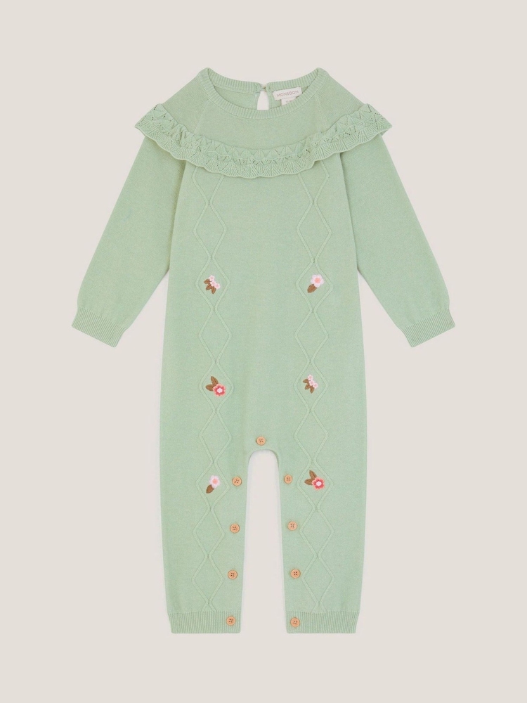 Monsoon Green Newborn Embroidered Cable Knit Romper - Image 1 of 3 Monsoon Green Newborn Embroidered Cable Knit Romper - Image 1 of 3
