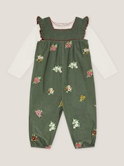 Monsoon Green Long Sleeve Top & Floral Corduroy Dungarees Set - Image 1 of 3