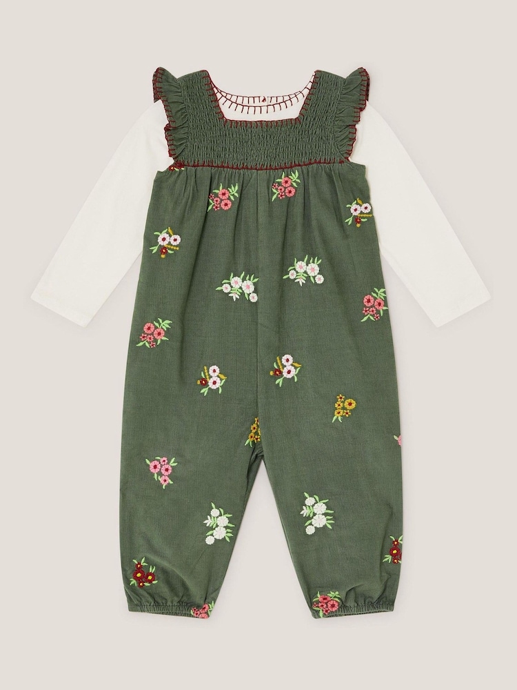 Monsoon Green Long Sleeve Top & Floral Corduroy Dungarees Set - Image 1 of 3