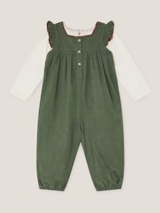 Monsoon Green Long Sleeve Top & Floral Corduroy Dungarees Set - Image 2 of 3