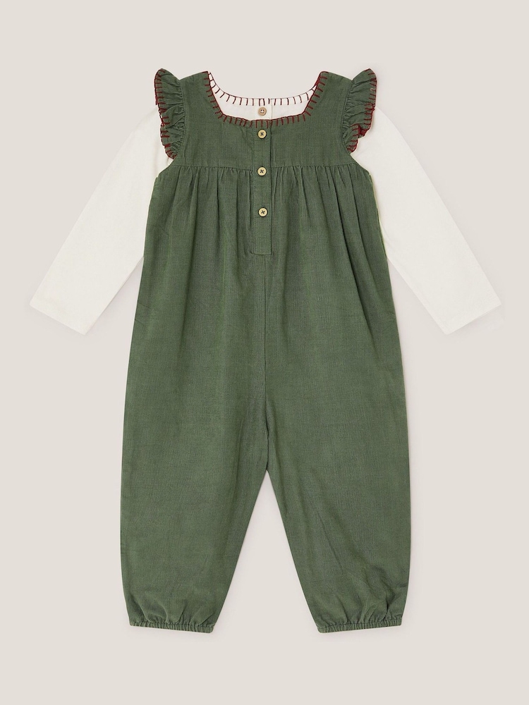 Monsoon Green Long Sleeve Top & Floral Corduroy Dungarees Set - Image 2 of 3