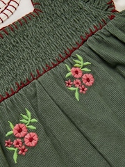 Monsoon Green Long Sleeve Top & Floral Corduroy Dungarees Set - Image 3 of 3