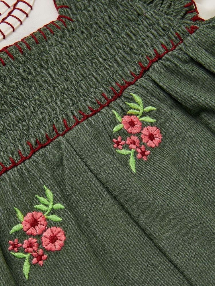 Monsoon Green Long Sleeve Top & Floral Corduroy Dungarees Set - Image 3 of 3