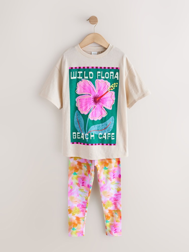 Cream Flower Graphic T-Shirt and Leggings Set (3-16yrs) - Image 1 of 5