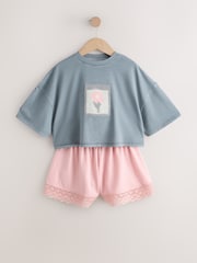 Grey/Pink Flower Detail - Комплект футболки та фактурних шортів (3-16років) - Image 1 of 5