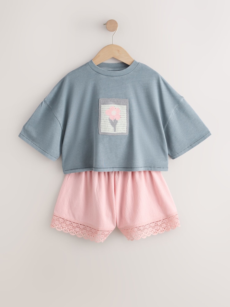 Grey/Pink Flower Detail - Комплект футболки та фактурних шортів (3-16років) - Image 1 of 5