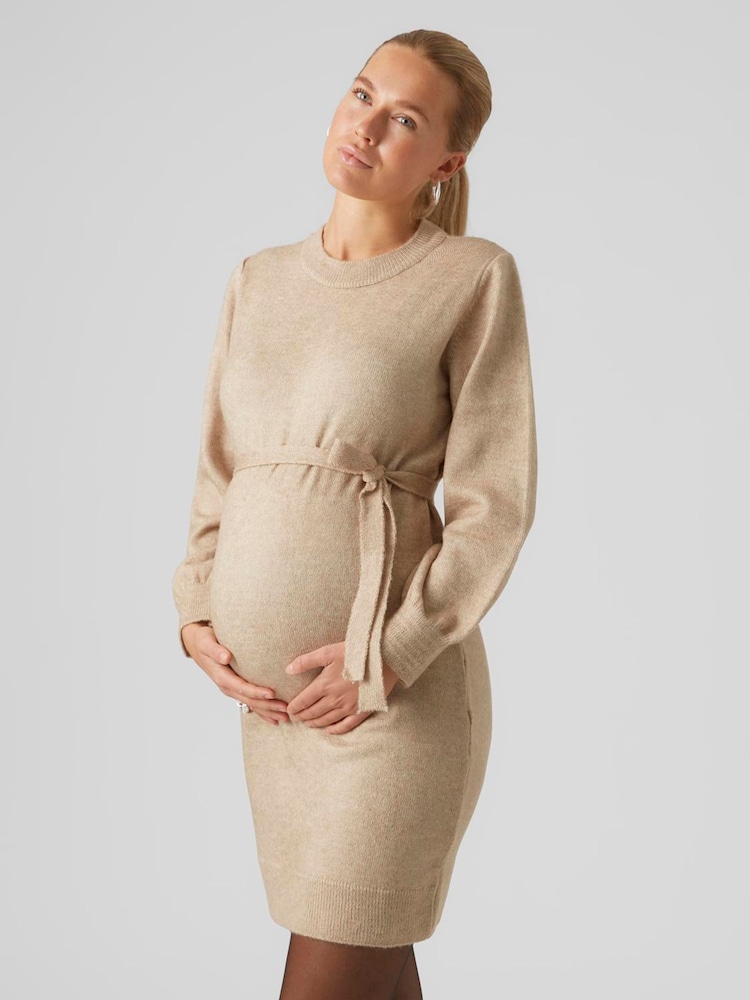 Mamalicious Brown Knitted Belt Dress - Image 1 of 3 Mamalicious Brown Knitted Belt Dress - Image 1 of 3