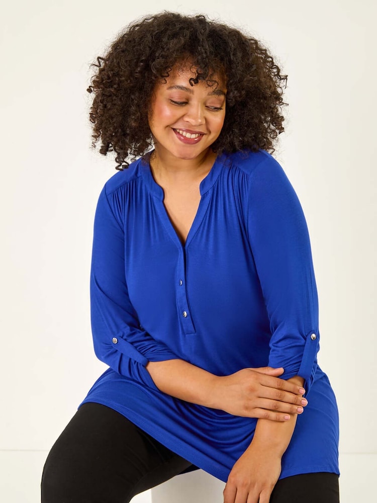 Roman Royal Blue Curve Buttoned Stretch Blouse - Image 1 of 5