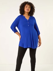 Roman Royal Blue Curve Buttoned Stretch Blouse - Image 2 of 5