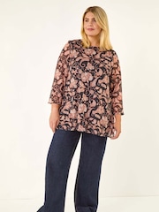 Roman Pink Curve Print Mesh Tunic Top - Image 2 of 5