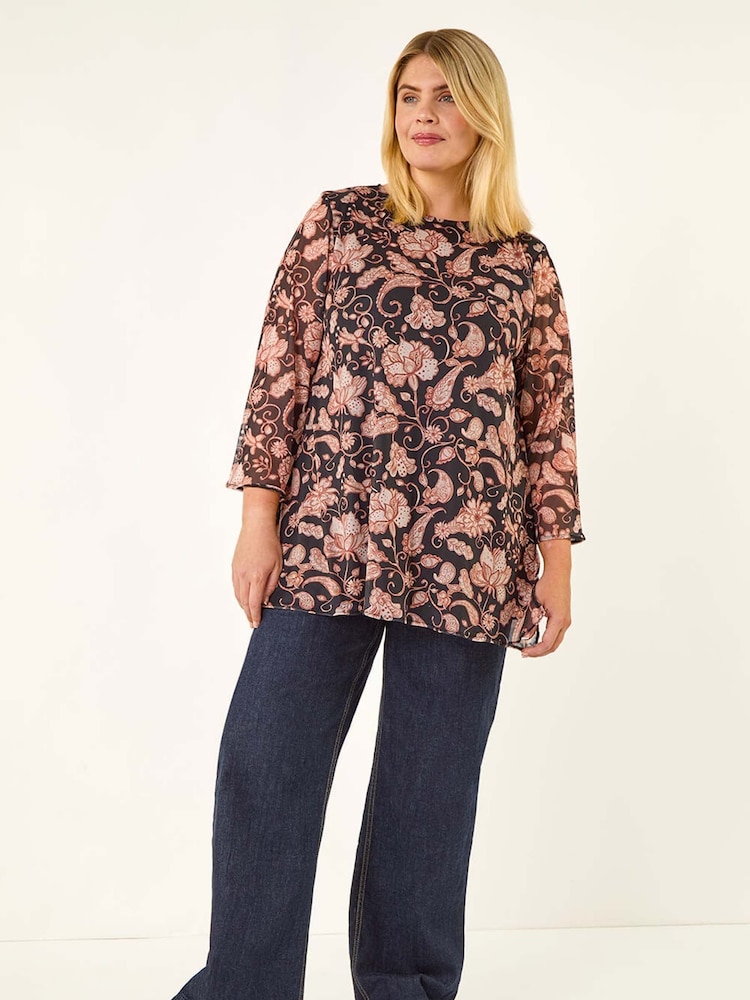 Roman Pink Curve Print Mesh Tunic Top - Image 2 of 5