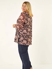 Roman Pink Curve Print Mesh Tunic Top - Image 3 of 5