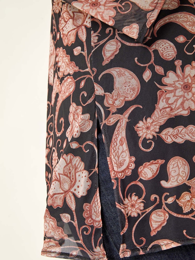 Roman Pink Curve Print Mesh Tunic Top - Image 5 of 5
