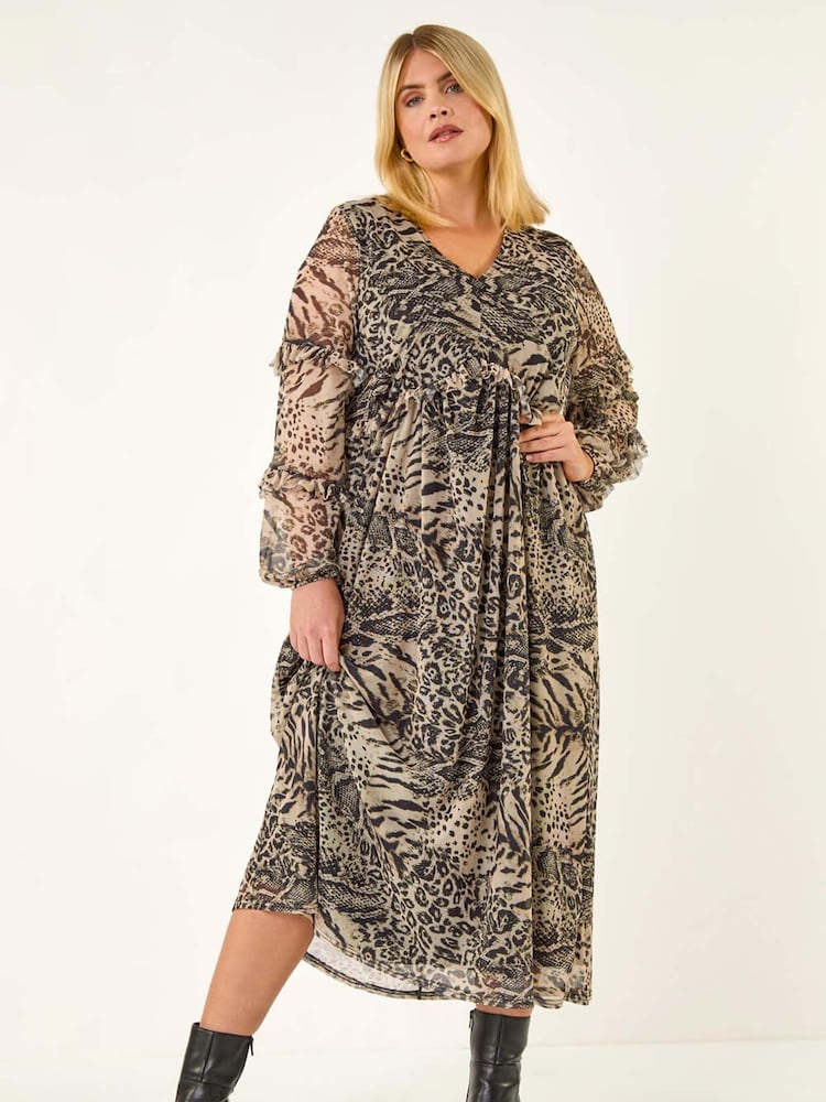 Roman Animal Curve Animal Print Frill Midi Dress - Image 2 of 5 Roman Animal Curve Animal Print Frill Midi Dress - Image 2 of 5