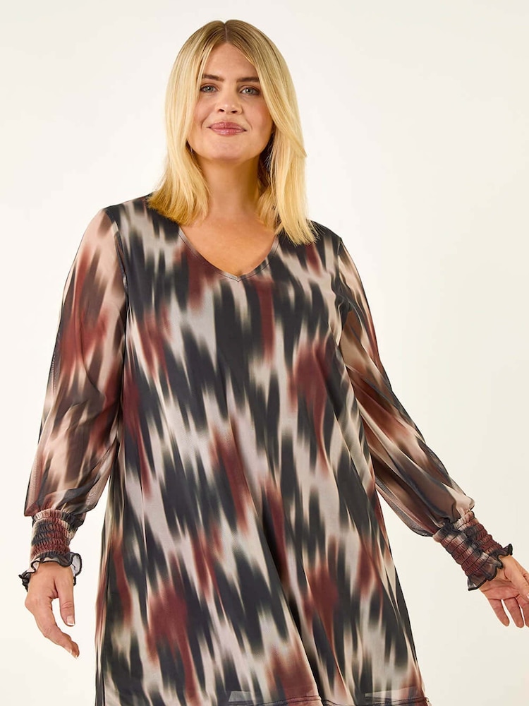 Roman Brown Curve Abstract Print Mesh Blouse - Image 1 of 5 Roman Brown Curve Abstract Print Mesh Blouse - Image 1 of 5