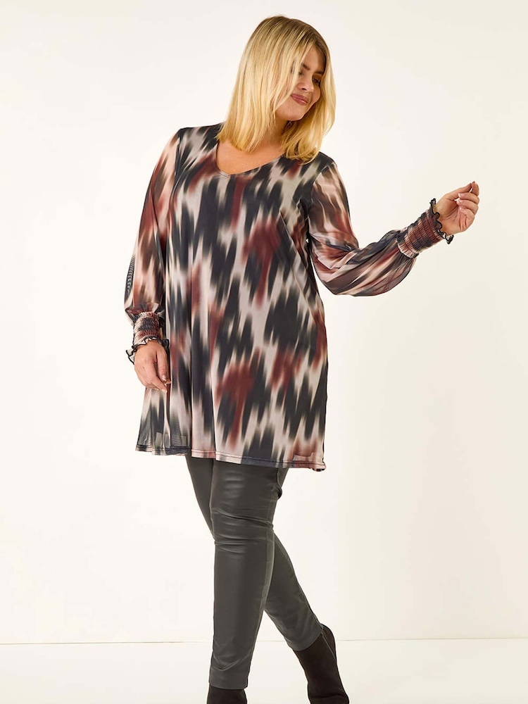 Roman Brown Curve Abstract Print Mesh Blouse - Image 2 of 5