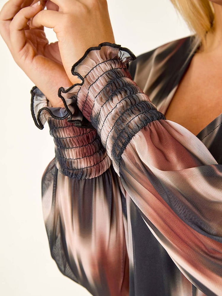 Roman Brown Curve Abstract Print Mesh Blouse - Image 5 of 5