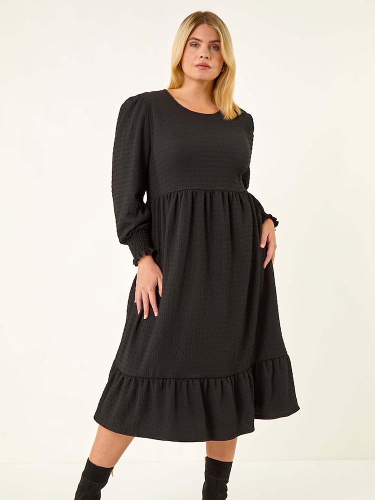 Roman Black Curve Textured Gathered Stretch Midi Dress - Image 1 of 5
