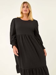 Roman Black Curve Textured Gathered Stretch Midi Dress - Image 2 of 5