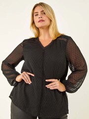 Roman Black Curve Textured V-Neck Blouse - Image 1 of 5