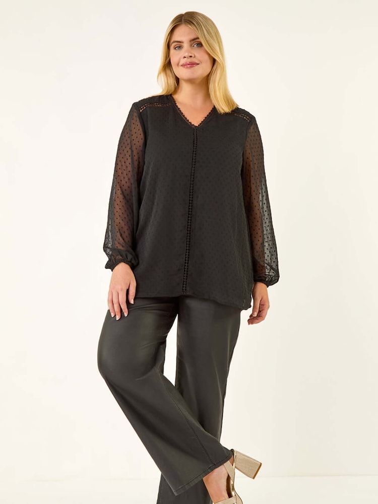 Roman Black Curve Textured V-Neck Blouse - Image 2 of 5