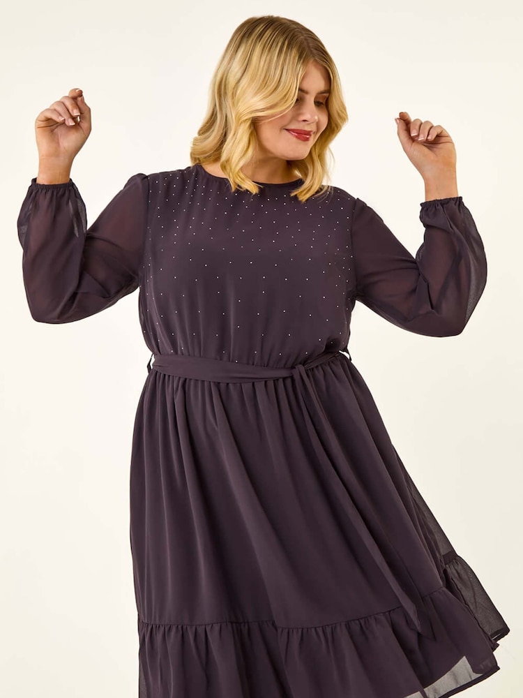 Roman Purple Curve Hotfix Tie Waist Midi Dress - Image 1 of 5 Roman Purple Curve Hotfix Tie Waist Midi Dress - Image 1 of 5