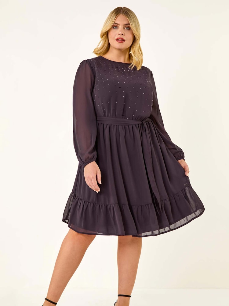 Roman Purple Curve Hotfix Tie Waist Midi Dress - Image 2 of 5 Roman Purple Curve Hotfix Tie Waist Midi Dress - Image 2 of 5
