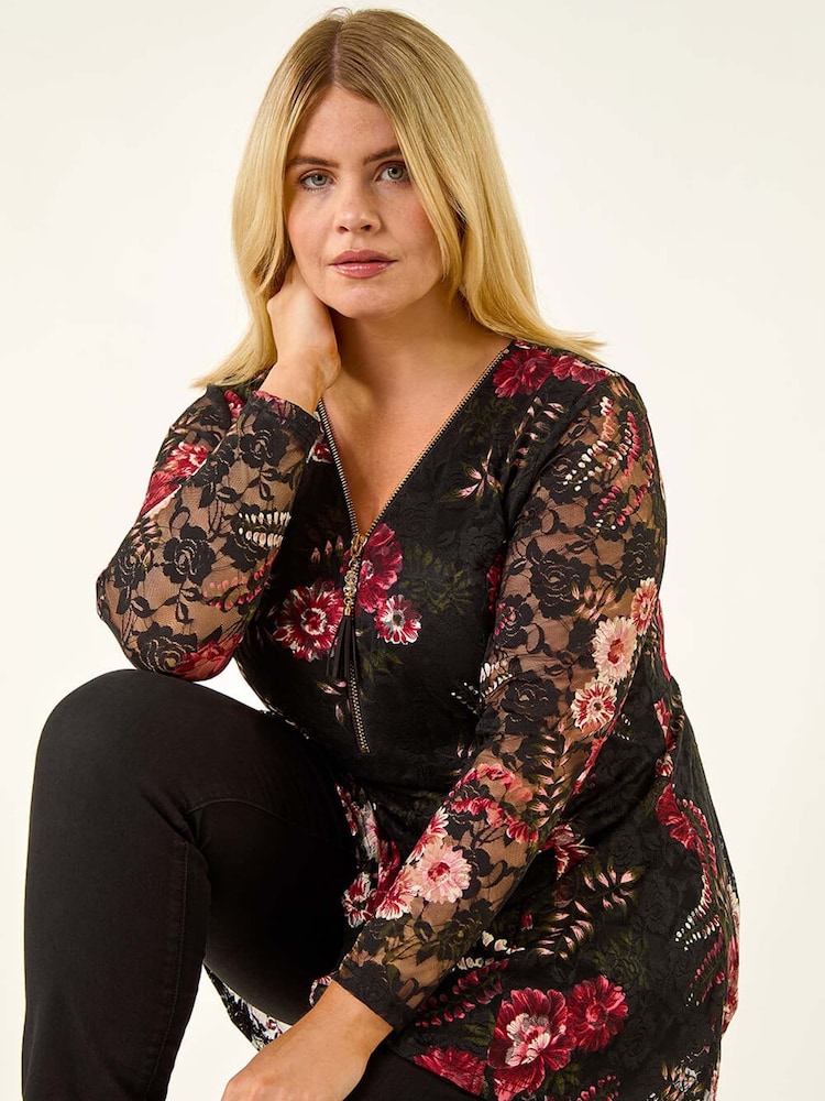 Roman Black Curve Zip Front Floral Lace Blouse - Image 1 of 5