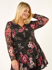 Roman Black Curve Zip Front Floral Lace Blouse - Image 2 of 5