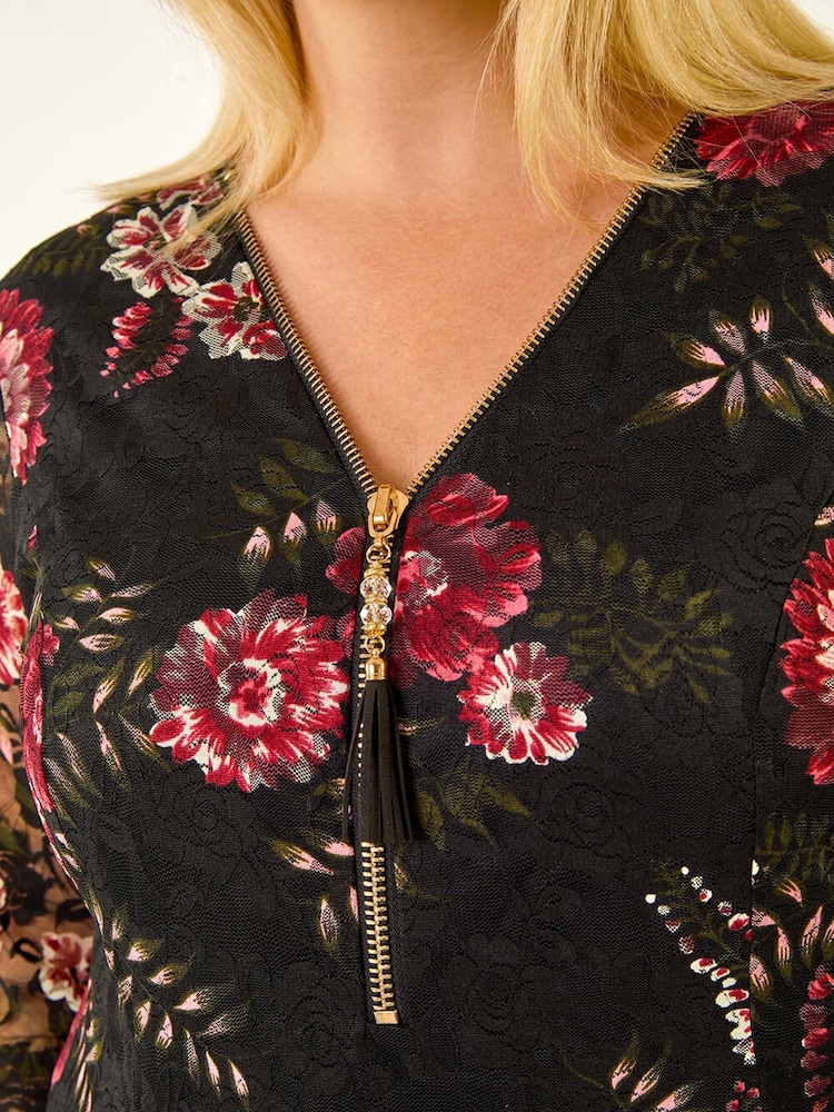 Roman Black Curve Zip Front Floral Lace Blouse - Image 5 of 5
