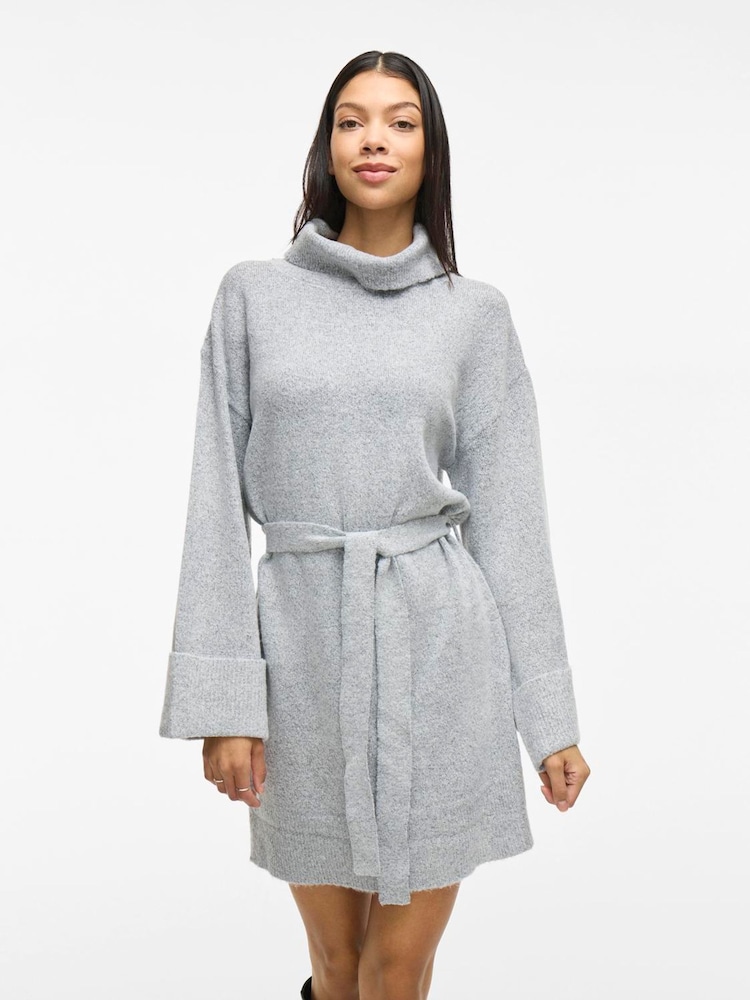VILA Grey Long Sleeve Tie Belt Knit Dress - Image 1 of 6