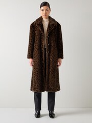 LK Bennett Brown Leila Multi Leopard Faux Fur Double Breasted Coat - Image 1 of 3