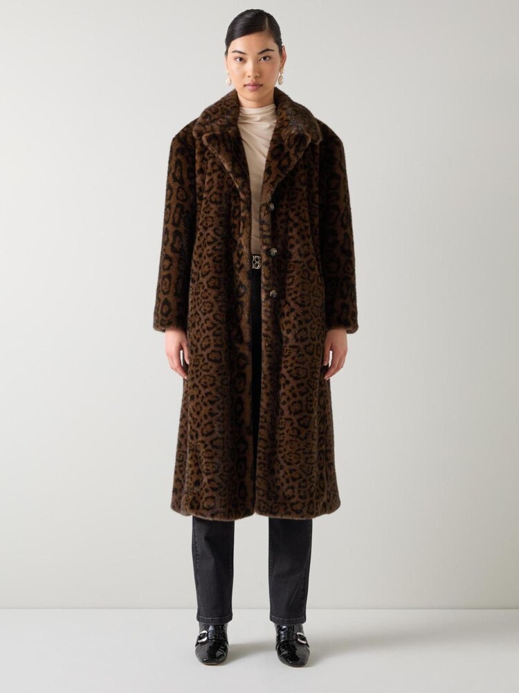 LK Bennett Brown Leila Multi Leopard Faux Fur Double Breasted Coat - Image 1 of 3