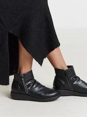 JD Williams Black Heavenly Soles Low Wedge Ruched Boots With Zip - Image 1 of 4