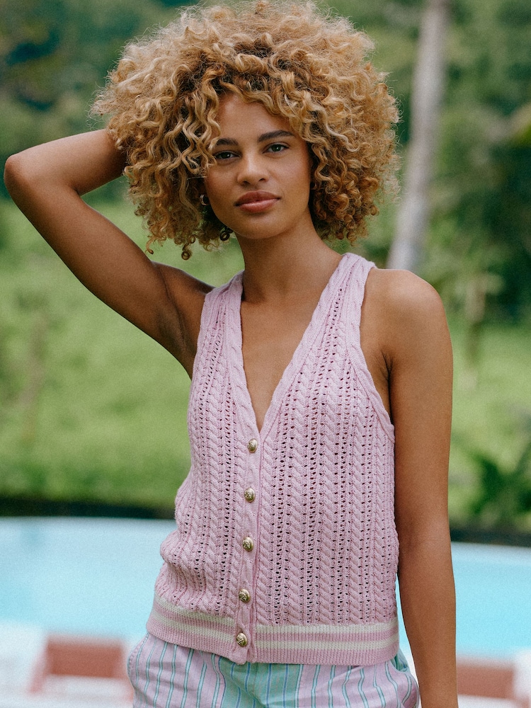 Rose - Joules Col licou en maille torsadée en coton débardeur - Image 1 de 10