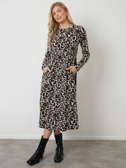 Threadbare Leopard Long Sleeve Jersey Midi Dress - Image 1 of 4