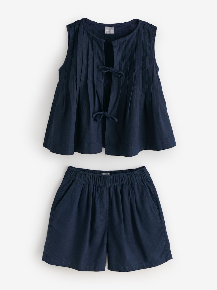 Navy Blue Sleeveless Bow Detail Top And Shorts Co-Ord Set - Image 1 of 1 Navy Blue Sleeveless Bow Detail Top And Shorts Co-Ord Set - Image 1 of 1